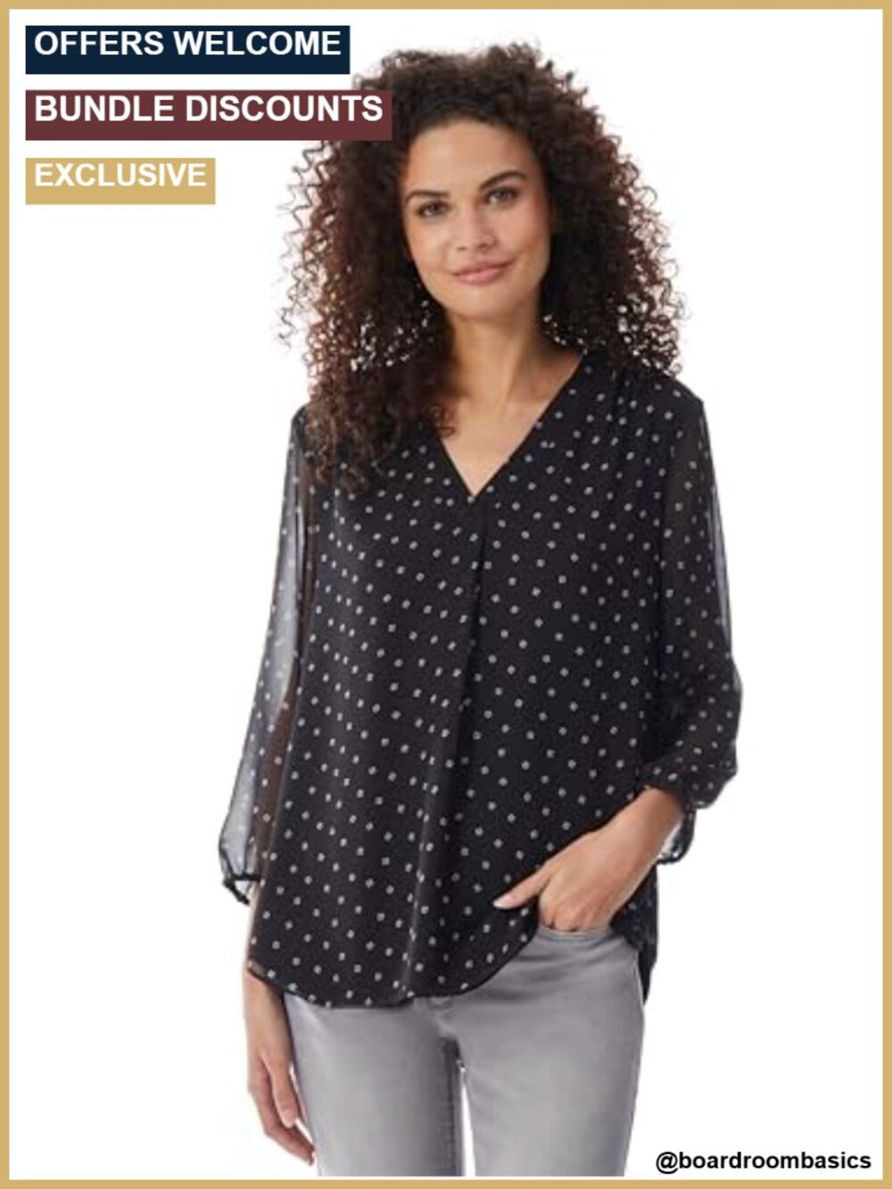 3/4 Sleeve Pleat Front Printed Tunic Top V-Neck Lightweight